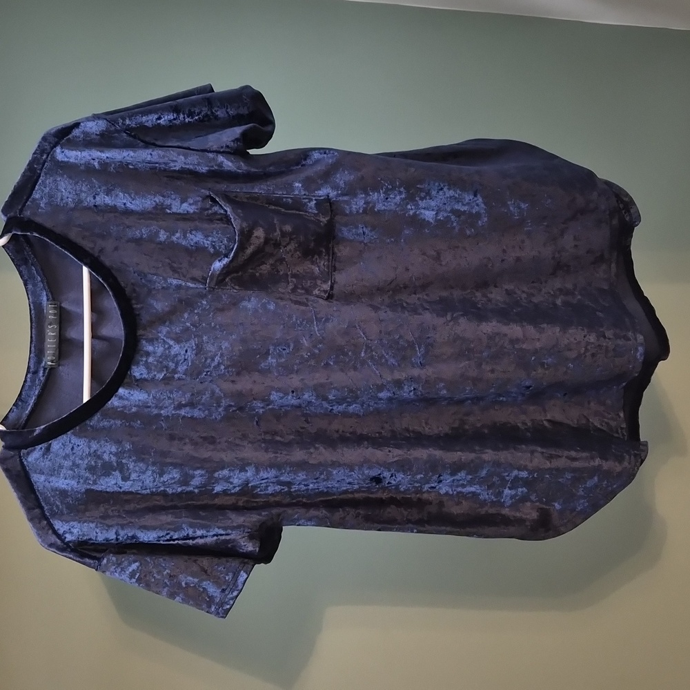 Oversized Blue Crushed Velvet Pocketed T-Shirt